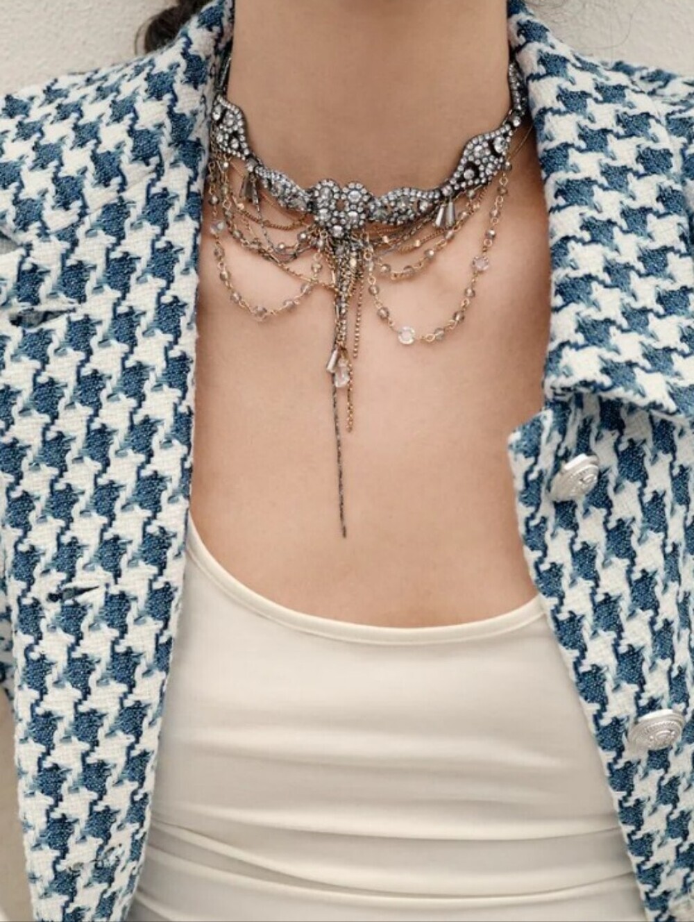 Zara Combination Chain And Rhinestone Choker Necklace - Silver & Gold - Picture 3 of 5